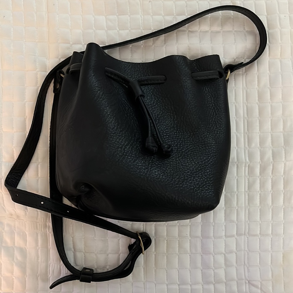 Black genuine leather Portland bucket cross body handbag